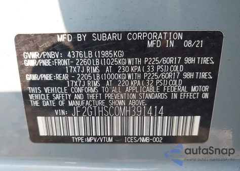 2021 Subaru Crosstrek Sport из США, поврежденный, VIN JF2GTHSC0MH391414